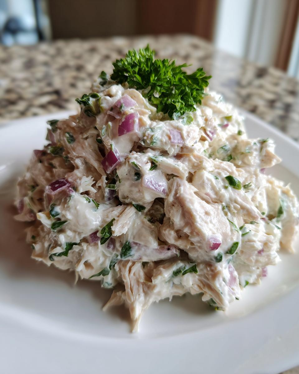 A mound of creamy high protein chicken salad mixed with diced red onion and herbs, topped with parsley.