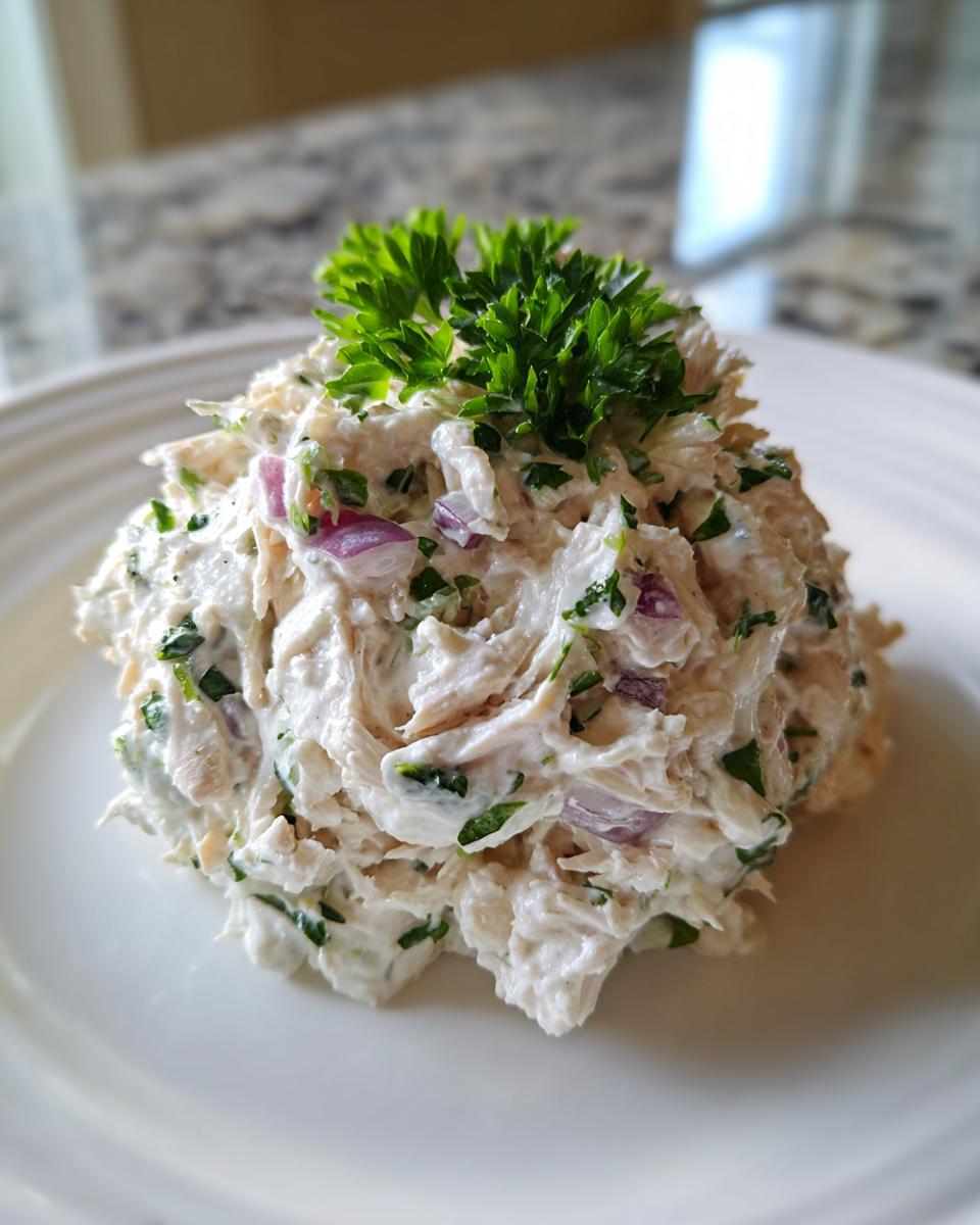 A mound of creamy high protein chicken salad mixed with red onion and herbs, topped with fresh parsley.