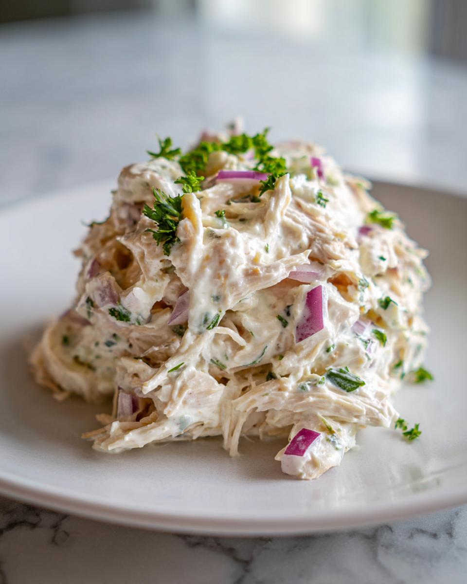 A mound of creamy, shredded high protein chicken salad mixed with red onion and topped with fresh parsley on a white plate.