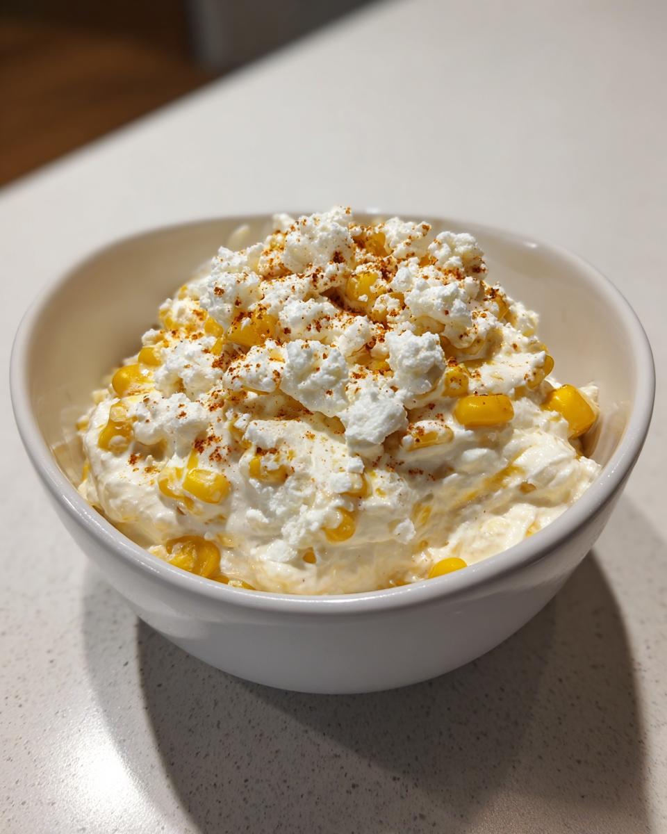 A white bowl filled with creamy high protein elote dip, featuring visible corn kernels and topped with crumbled white cheese and chili powder.