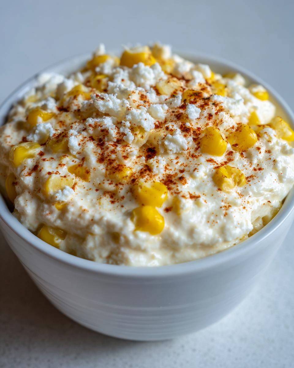 Close-up of a creamy high protein elote dip topped with corn kernels, crumbled white cheese, and chili powder.