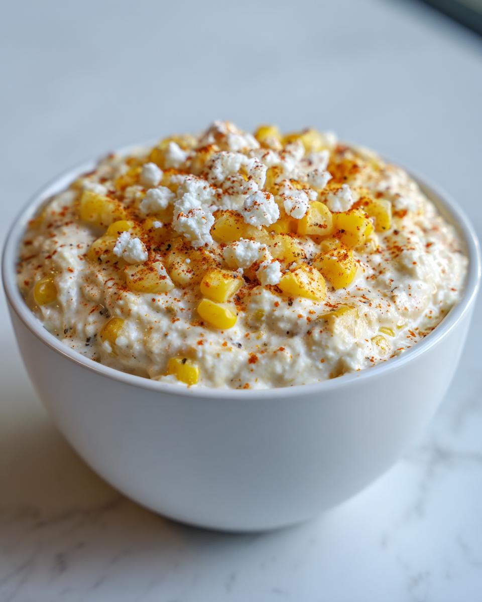 Close-up of a creamy high protein elote dip topped with corn, cotija cheese crumbles, and chili powder.