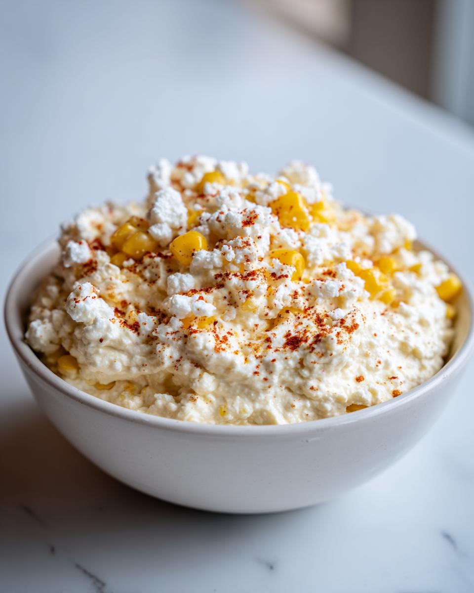 A close-up of a bowl filled with creamy high protein elote dip, topped with corn kernels, crumbled white cheese, and paprika.