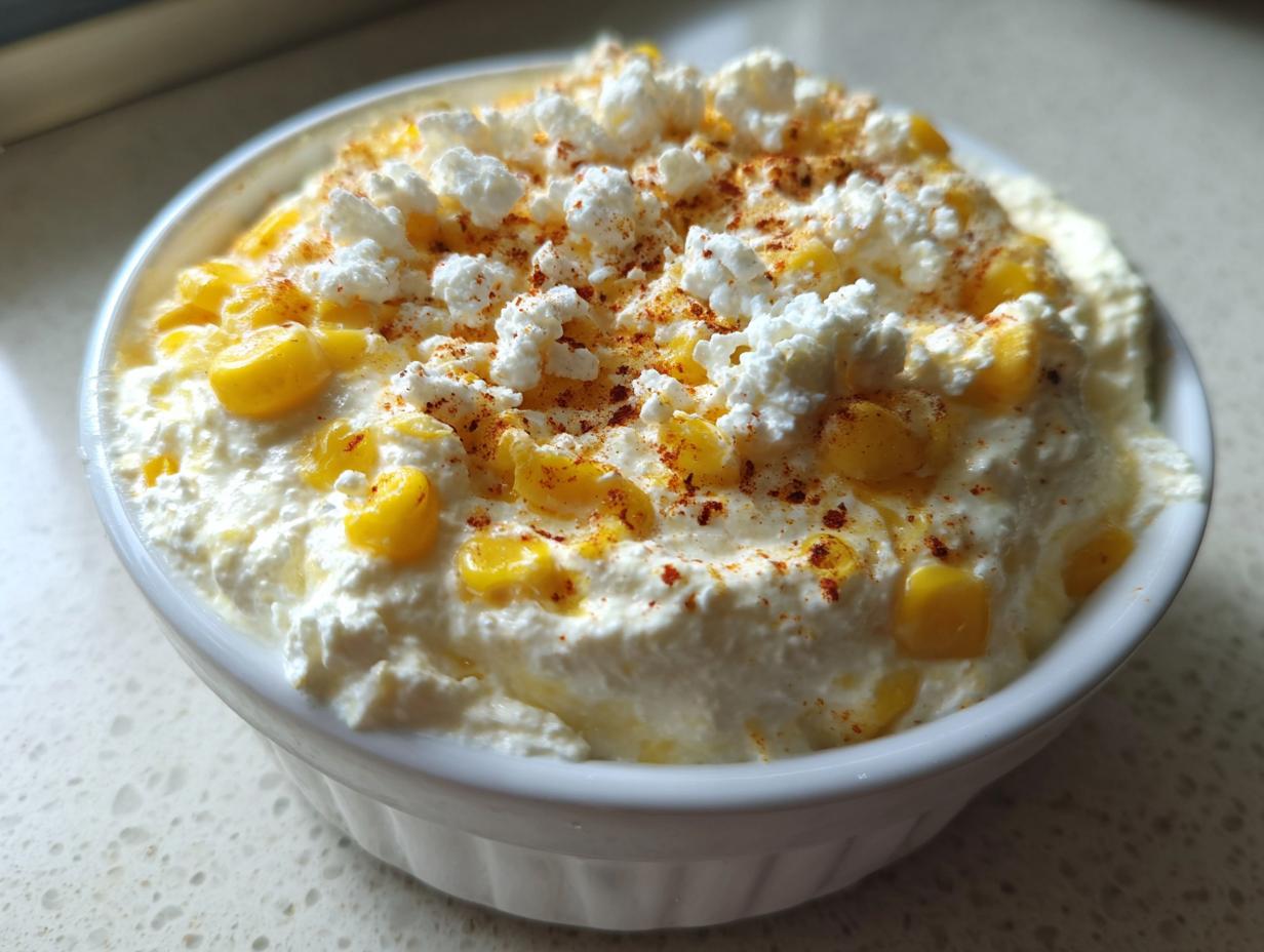 Close-up of creamy, white high protein elote dip topped with yellow corn kernels, crumbled white cheese, and paprika.