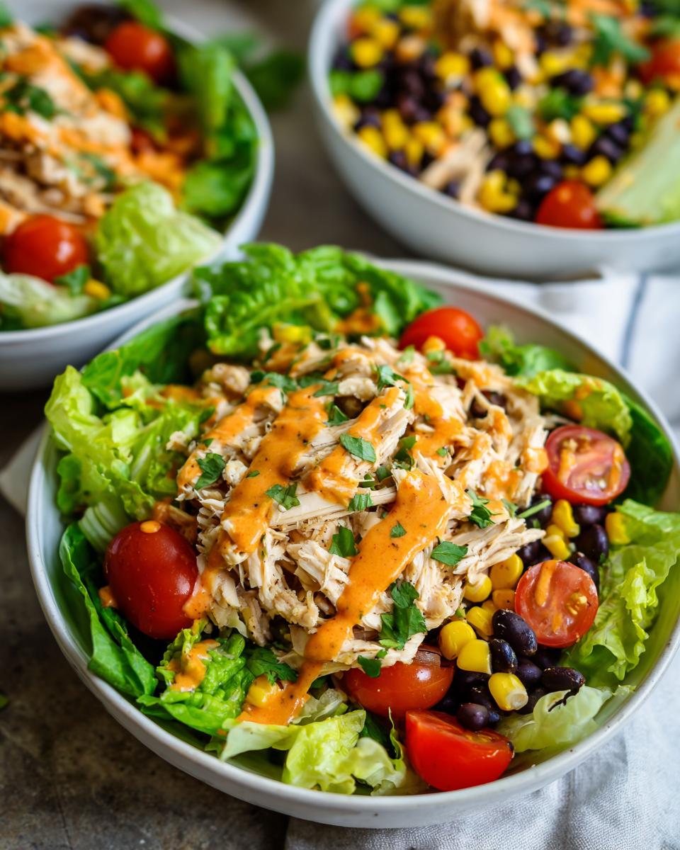 Close-up of a vibrant high protein salad topped with shredded chicken, black beans, corn, tomatoes, and creamy dressing.