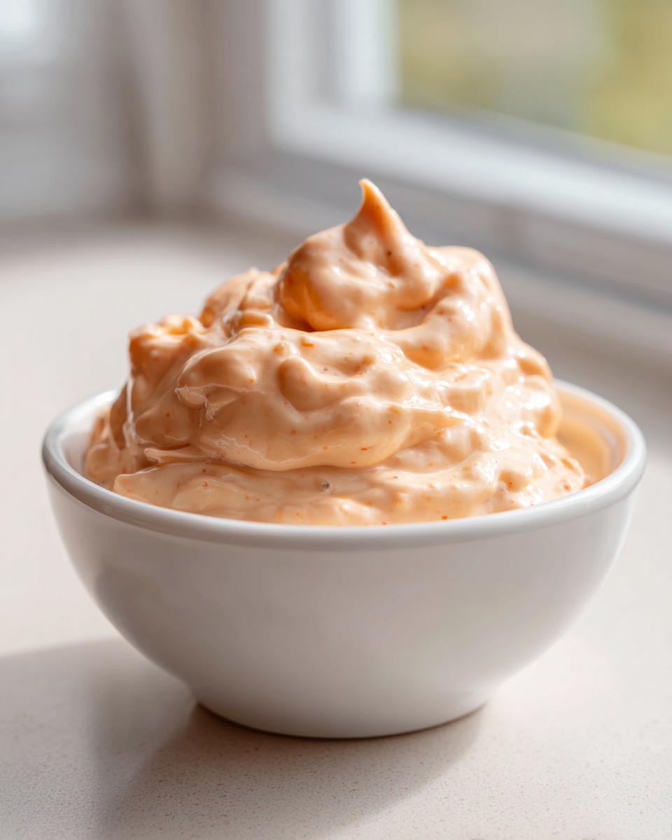A close-up of creamy, orange-pink homemade Big Mac Sauce mounded high in a small white bowl.