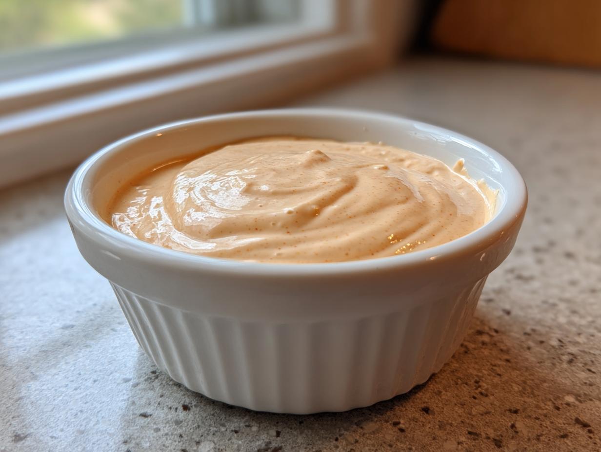 Close-up of creamy, orange-hued homemade big mac sauce served in a small white fluted ramekin.