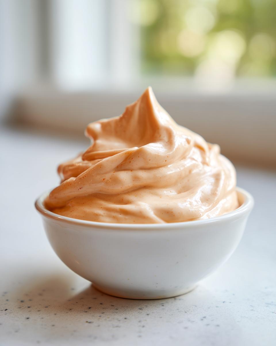 A perfectly piped swirl of creamy orange Big Mac sauce served in a small white dipping bowl.