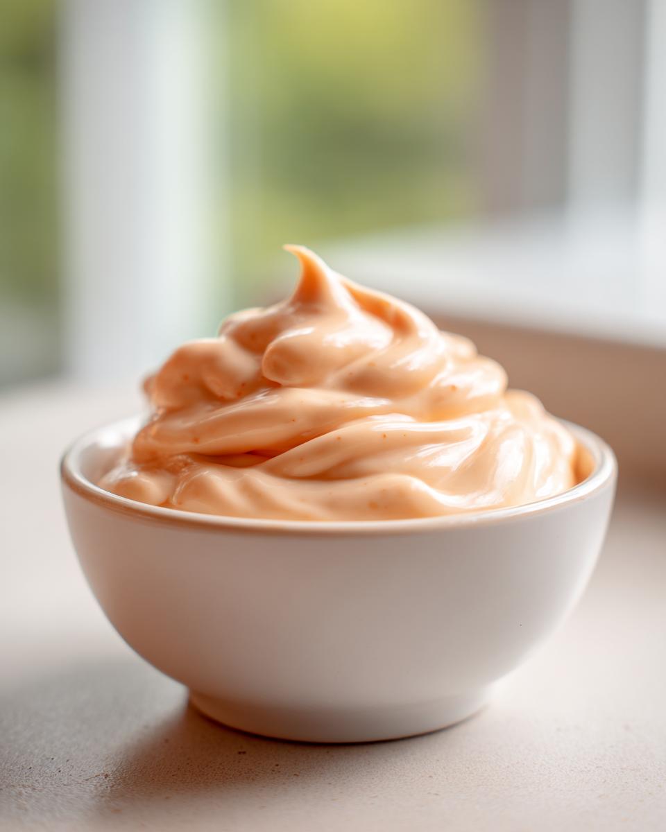 A close-up of thick, creamy, orange-pink big mac sauce swirled high in a small white dipping bowl.