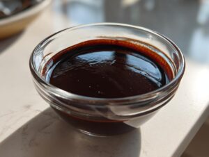 A close-up of thick, glossy homemade chocolate sauce filling a small clear glass bowl.