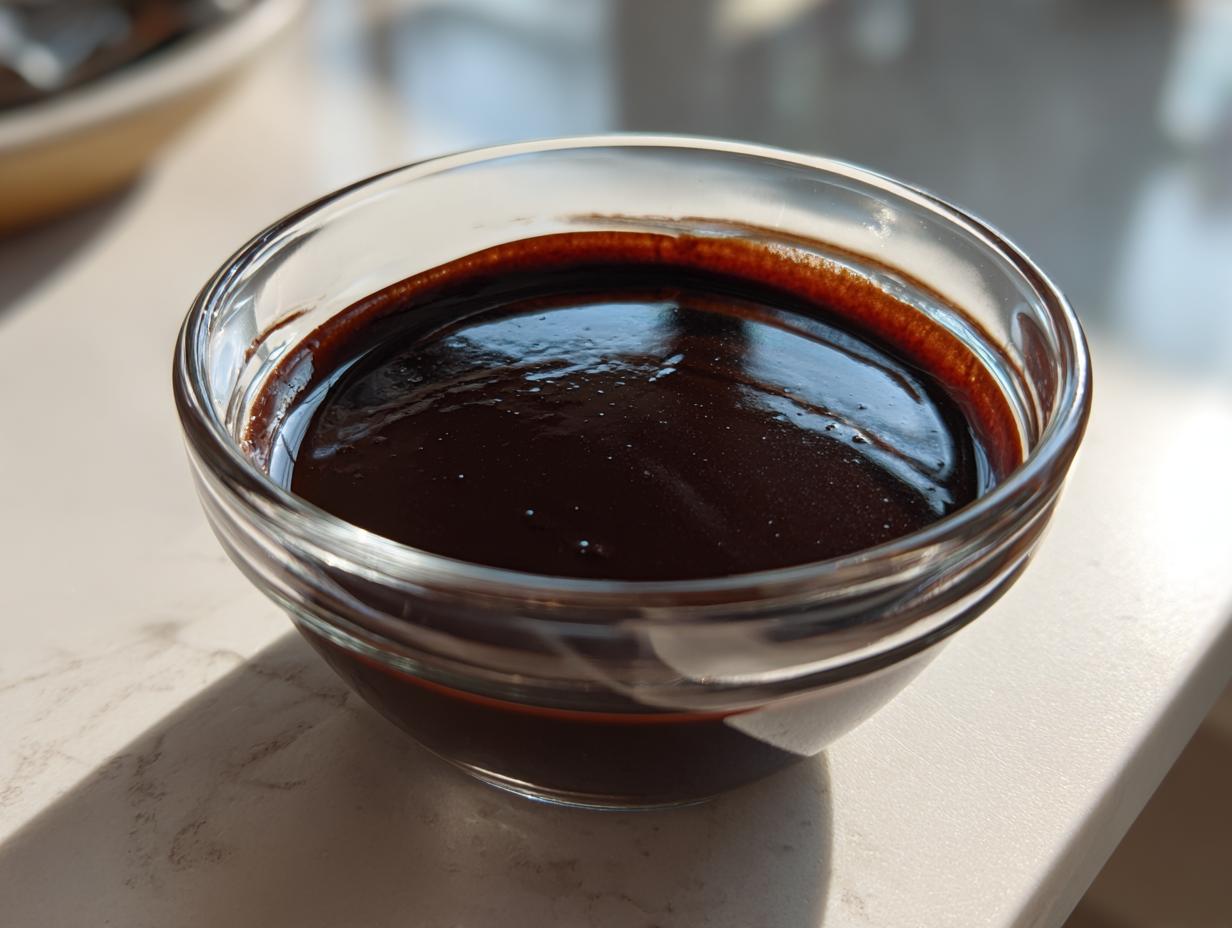 A close-up of thick, glossy homemade chocolate sauce filling a small clear glass bowl.