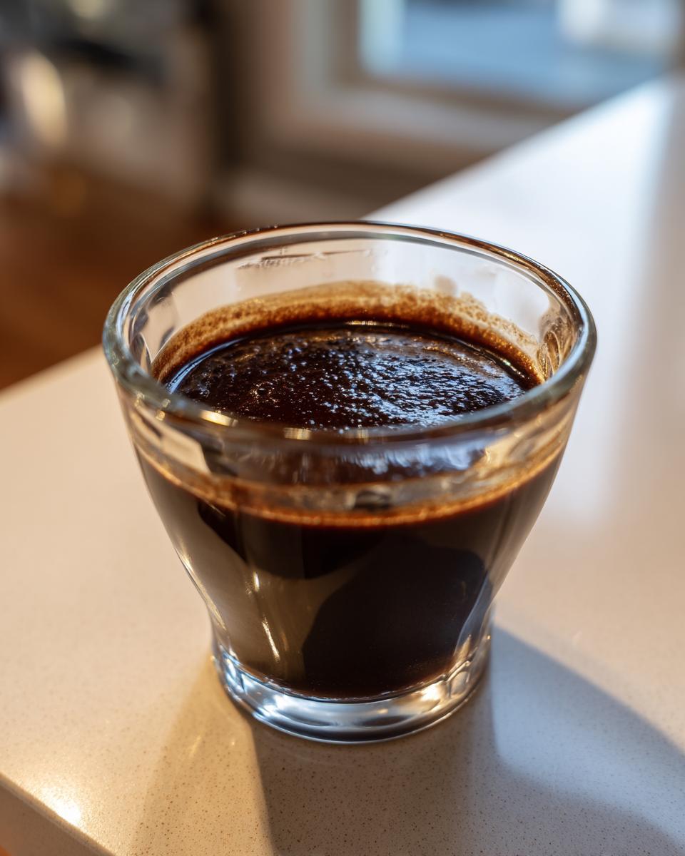 Close-up of thick, dark homemade chocolate sauce in a small clear glass cup.