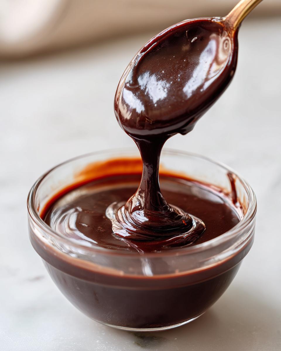 A spoonful of thick, glossy homemade chocolate sauce drips back into a small glass bowl.