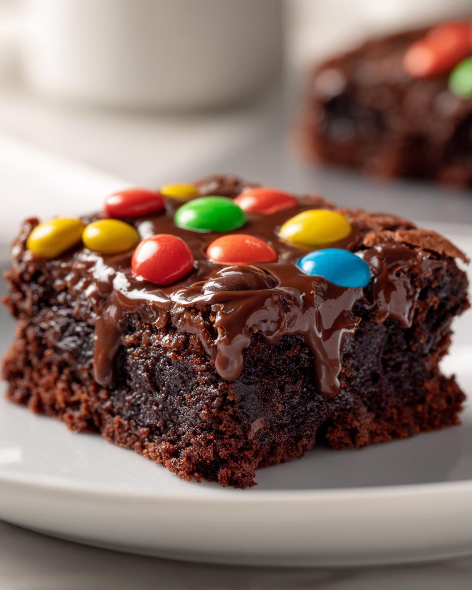 A close-up of a rich, fudgy homemade cosmic brownies square topped with chocolate glaze and colorful candy pieces.