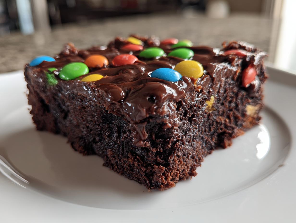 Close-up of a rich, fudgy slice of homemade cosmic brownies topped with chocolate frosting and colorful candy pieces.
