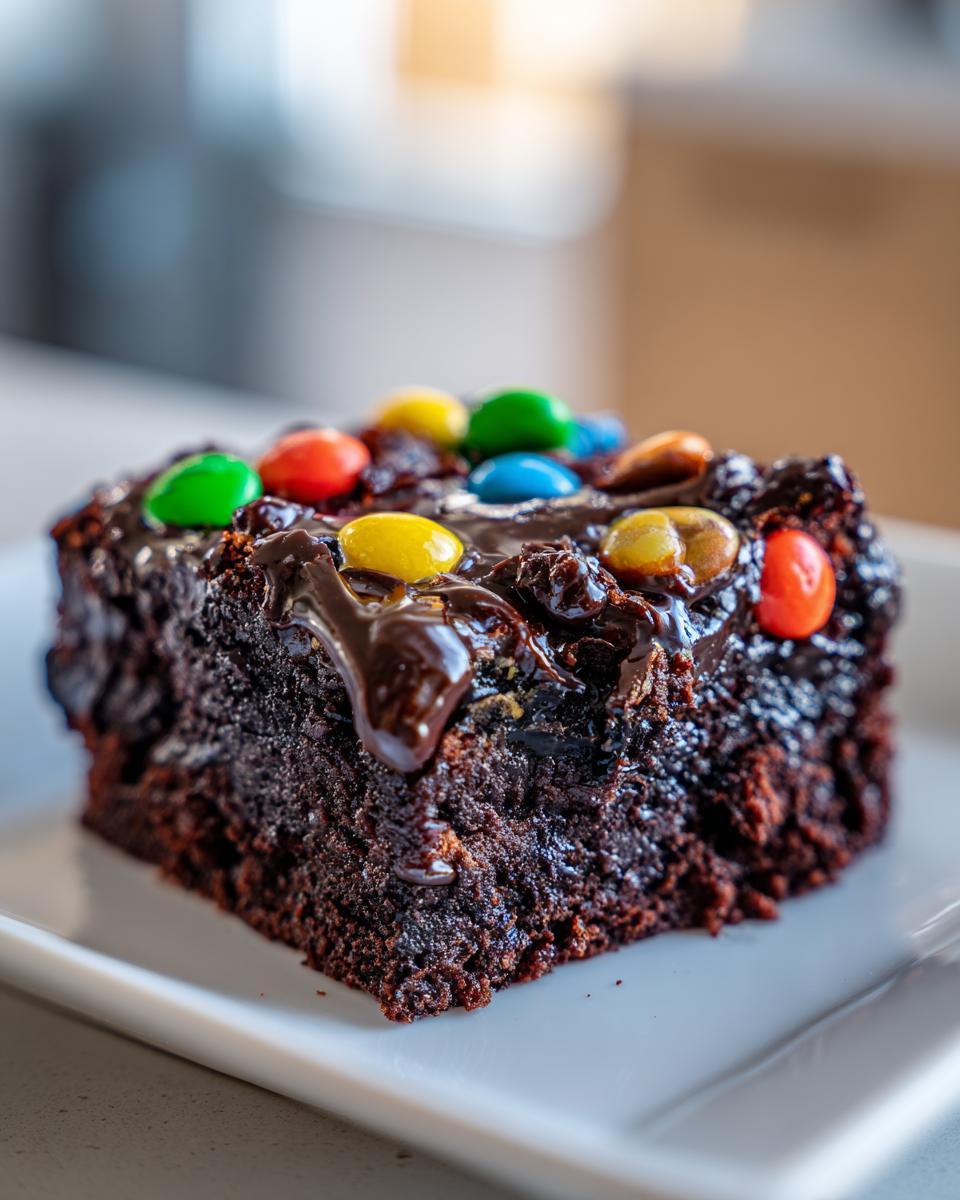 Close-up of a single, rich, fudgy homemade cosmic brownies square topped with melted chocolate glaze and colorful candy pieces.