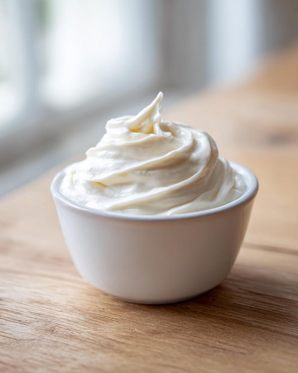A perfect swirl of creamy, white homemade garlic aioli recipe served in a small white ramekin on a wooden surface.