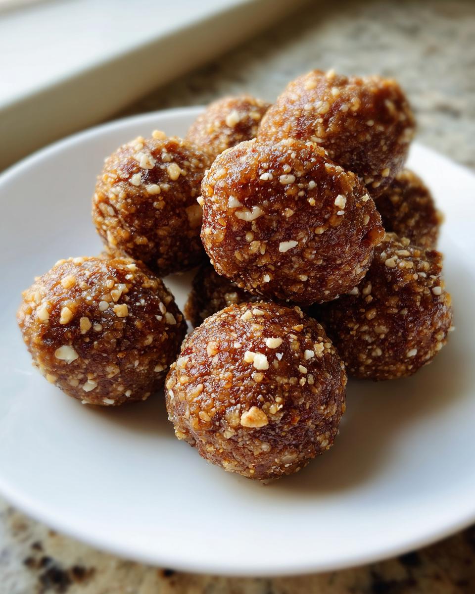 A stack of delicious, homemade peanut butter protein balls coated in chopped nuts on a white plate.