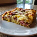 A close-up of a cheesy slice of homemade Reuben bake with crescent rolls, showing layers of corned beef and melted cheese.