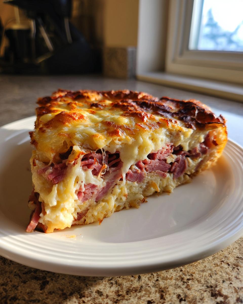 A thick slice of homemade Reuben bake with crescent rolls, showing layers of corned beef and melted cheese.