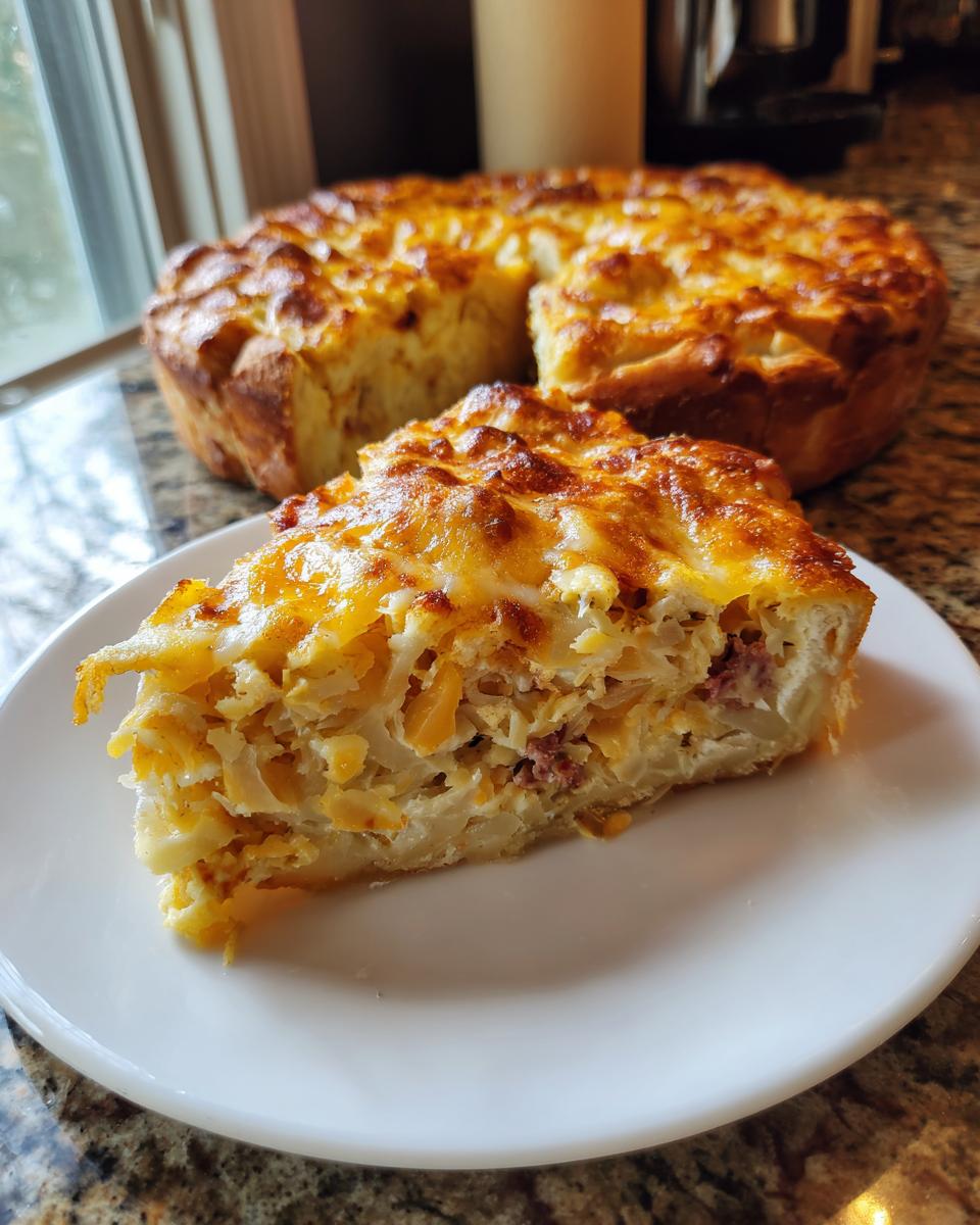 A slice of homemade Reuben bake with crescent rolls showing layers of filling and melted cheese topping.