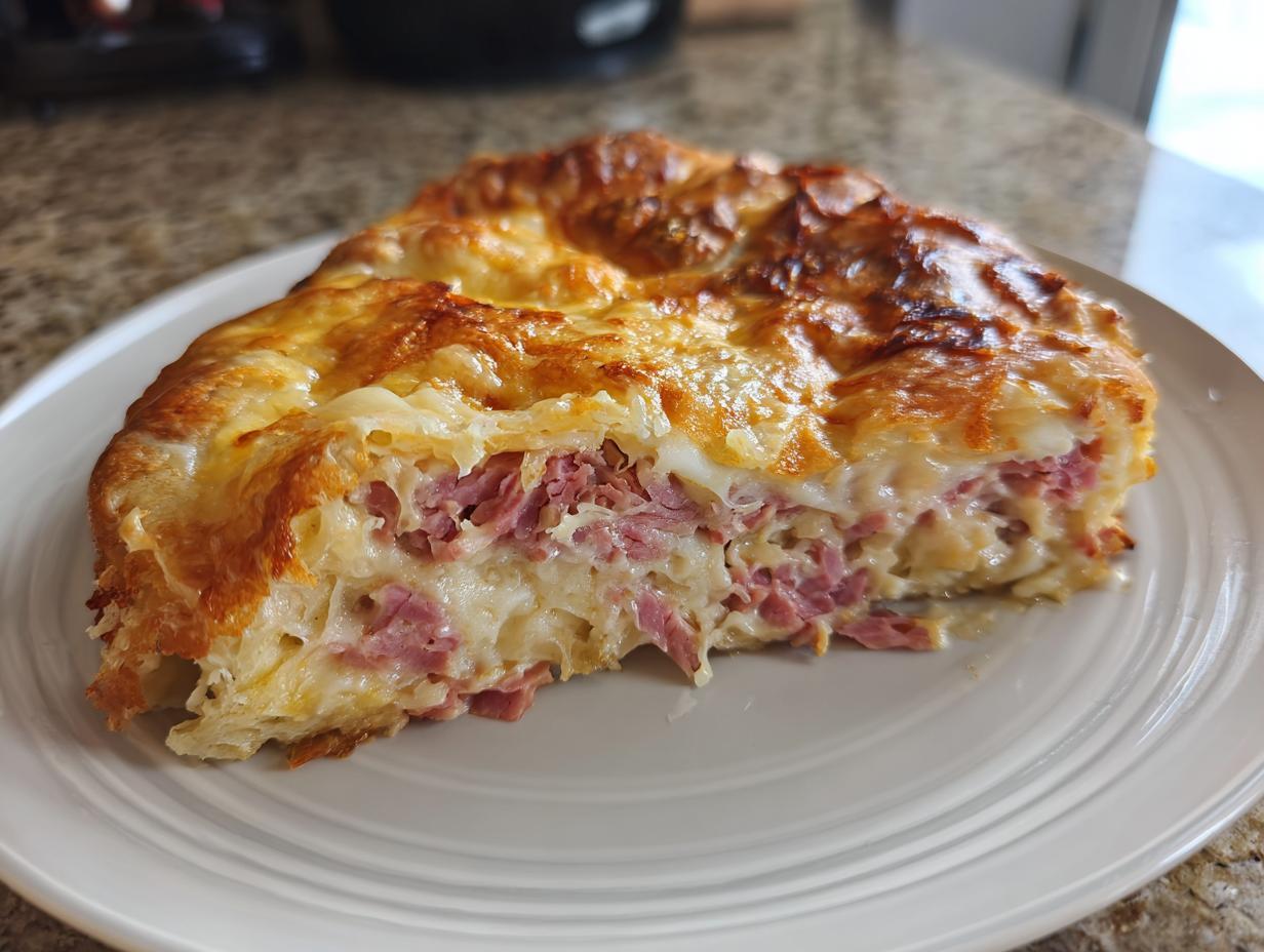 A close-up slice of homemade Reuben bake with crescent rolls showing layers of corned beef, cheese, and a golden crust.