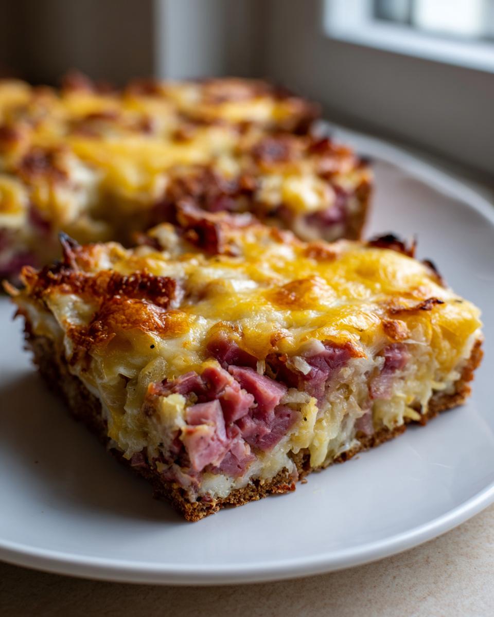 Close-up of a square slice of homemade reuben bake with corned beef, sauerkraut, and melted cheese on a rye bread base.
