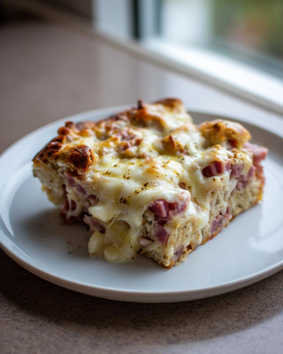 A cheesy, gooey slice of homemade reuben bake with rye bread, corned beef, and melted Swiss cheese.