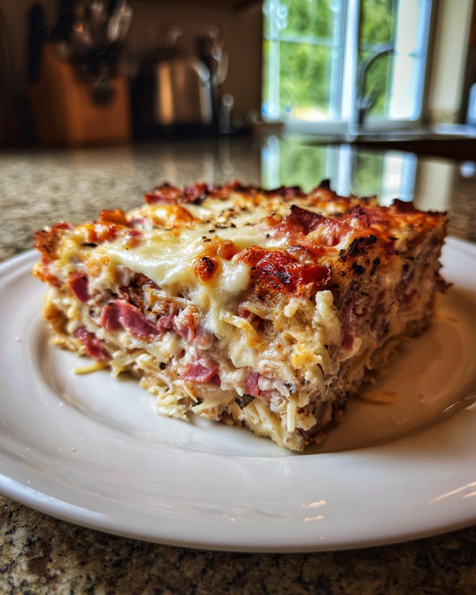 A close-up of a square slice of homemade reuben bake, featuring layers of corned beef and melted cheese.
