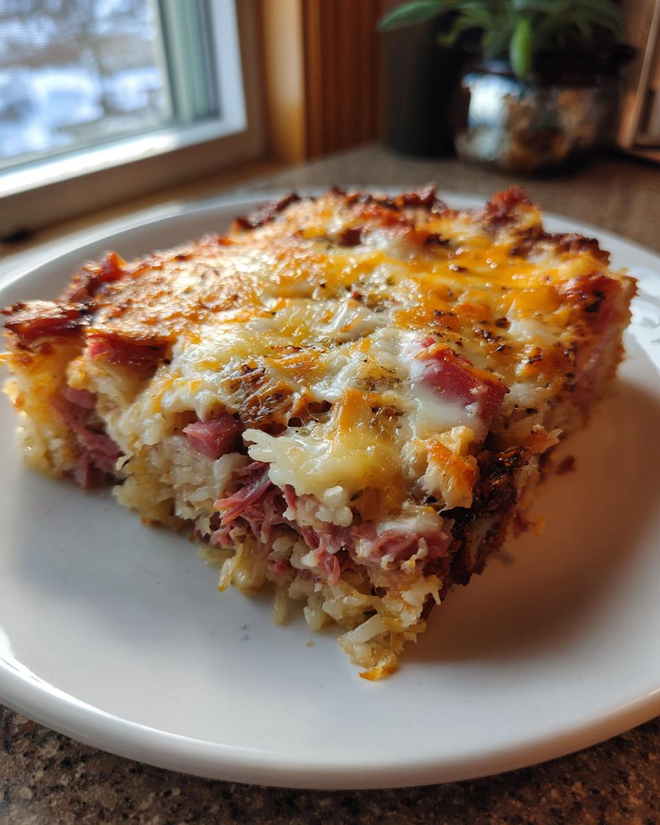 A close-up of a serving of homemade reuben bake with melted cheese and corned beef.