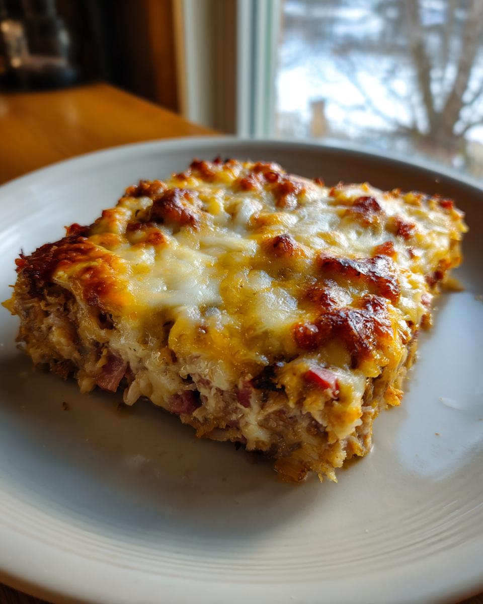 A square slice of homemade reuben bake with a bubbly, golden-brown cheese topping on a light plate.