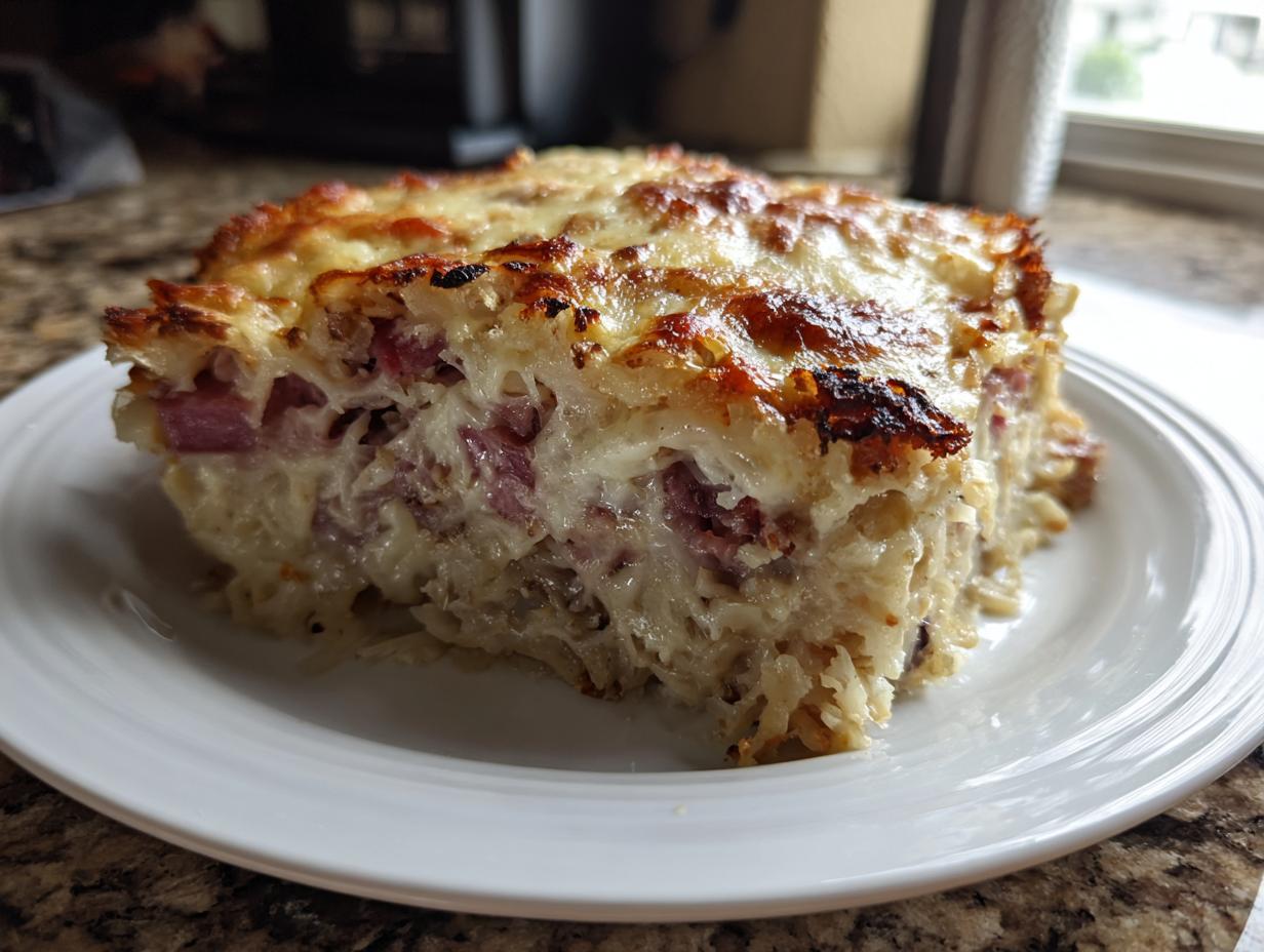 A generous slice of homemade Reuben bake with a golden, bubbly cheese crust and visible corned beef pieces.