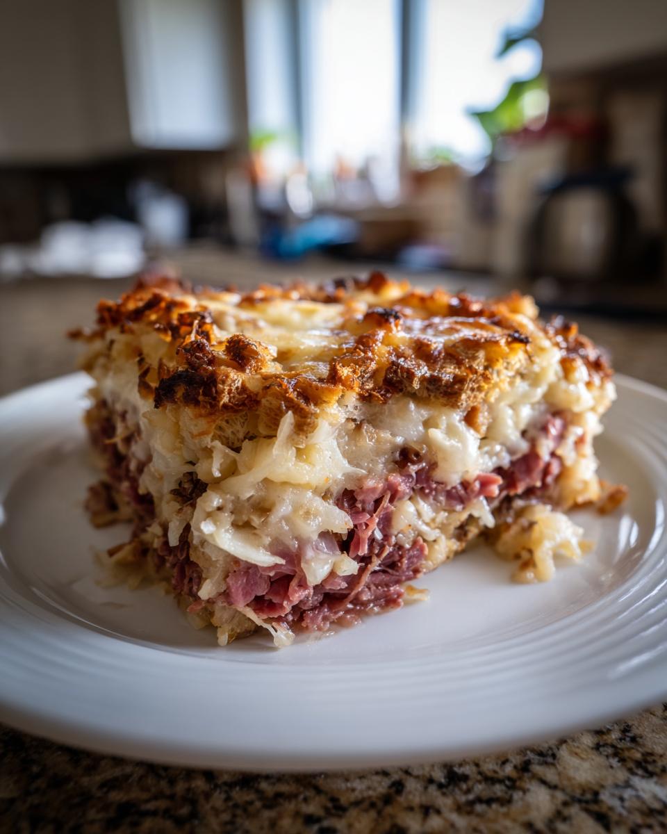 A hearty slice of homemade reuben bake featuring layers of corned beef, sauerkraut, and melted cheese.