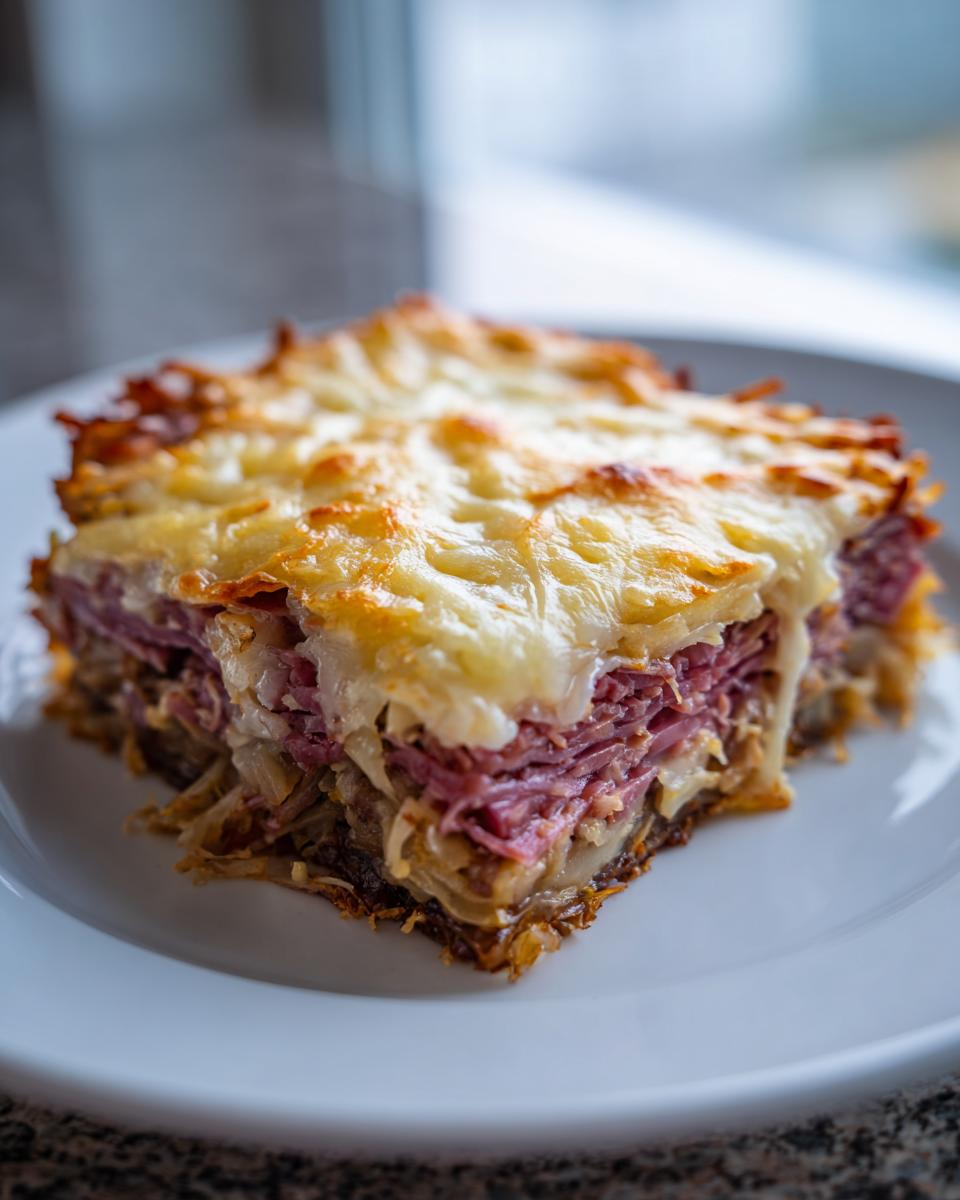 A square serving of homemade Reuben bake with layers of corned beef, sauerkraut, and melted Swiss cheese on a white plate.