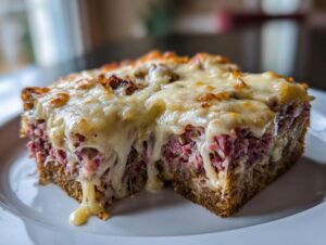 Close-up of a thick slice of homemade Reuben bake with corned beef, sauerkraut, and melted Swiss cheese over rye bread.