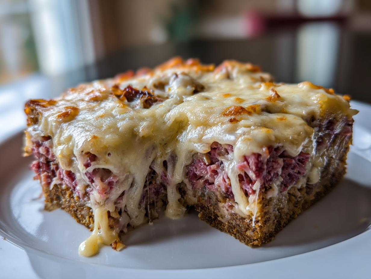 Close-up of a thick slice of homemade Reuben bake with corned beef, sauerkraut, and melted Swiss cheese over rye bread.