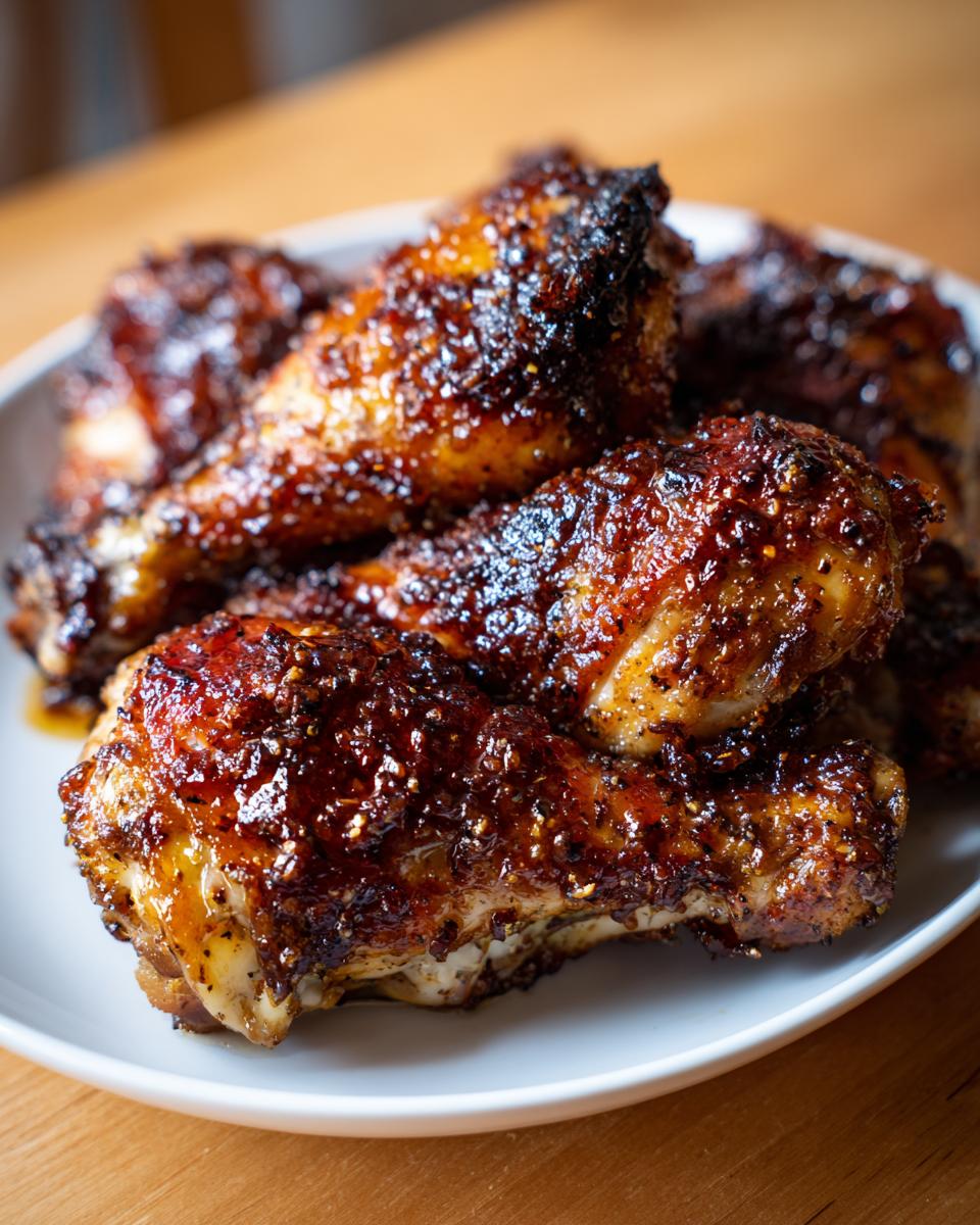 Close-up of glistening, caramelized honey dijon chicken drumsticks piled on a white plate.