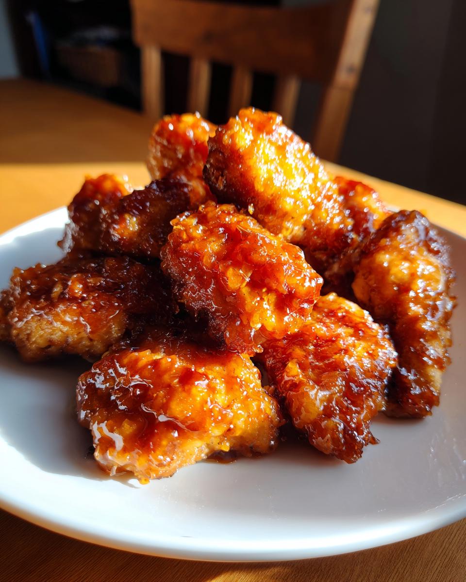Close-up of crispy chicken pieces coated in a thick, glossy honey dijon sauce, piled on a white plate.