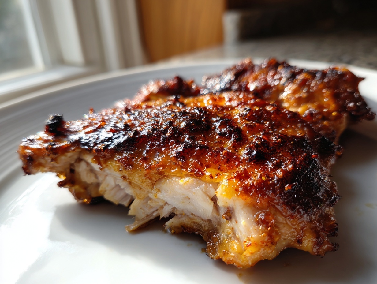 Close-up of a juicy, caramelized honey garlic chicken thighs piece showing the white interior meat.