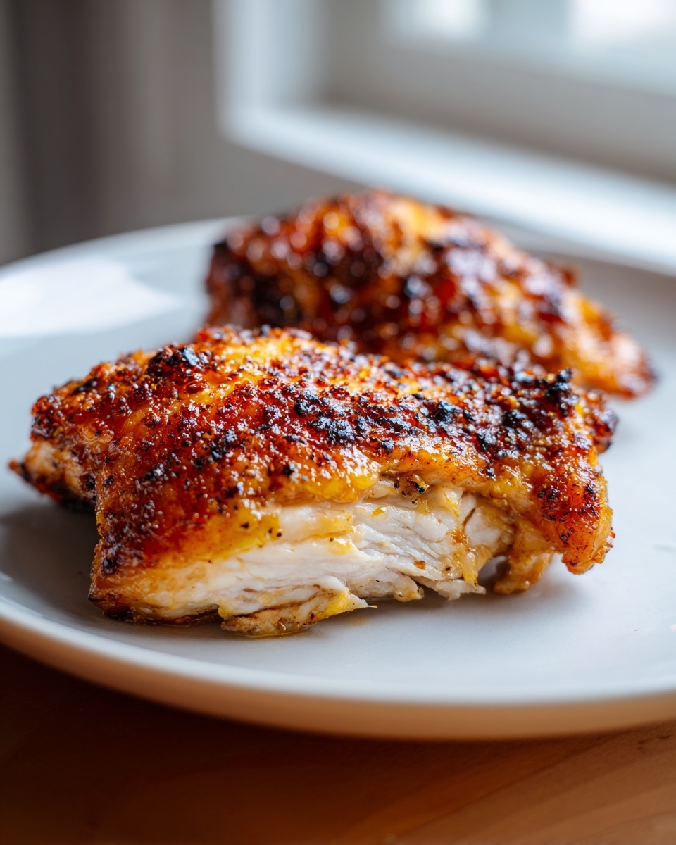 Close-up of a juicy, caramelized honey garlic chicken thighs piece showing the white meat inside.