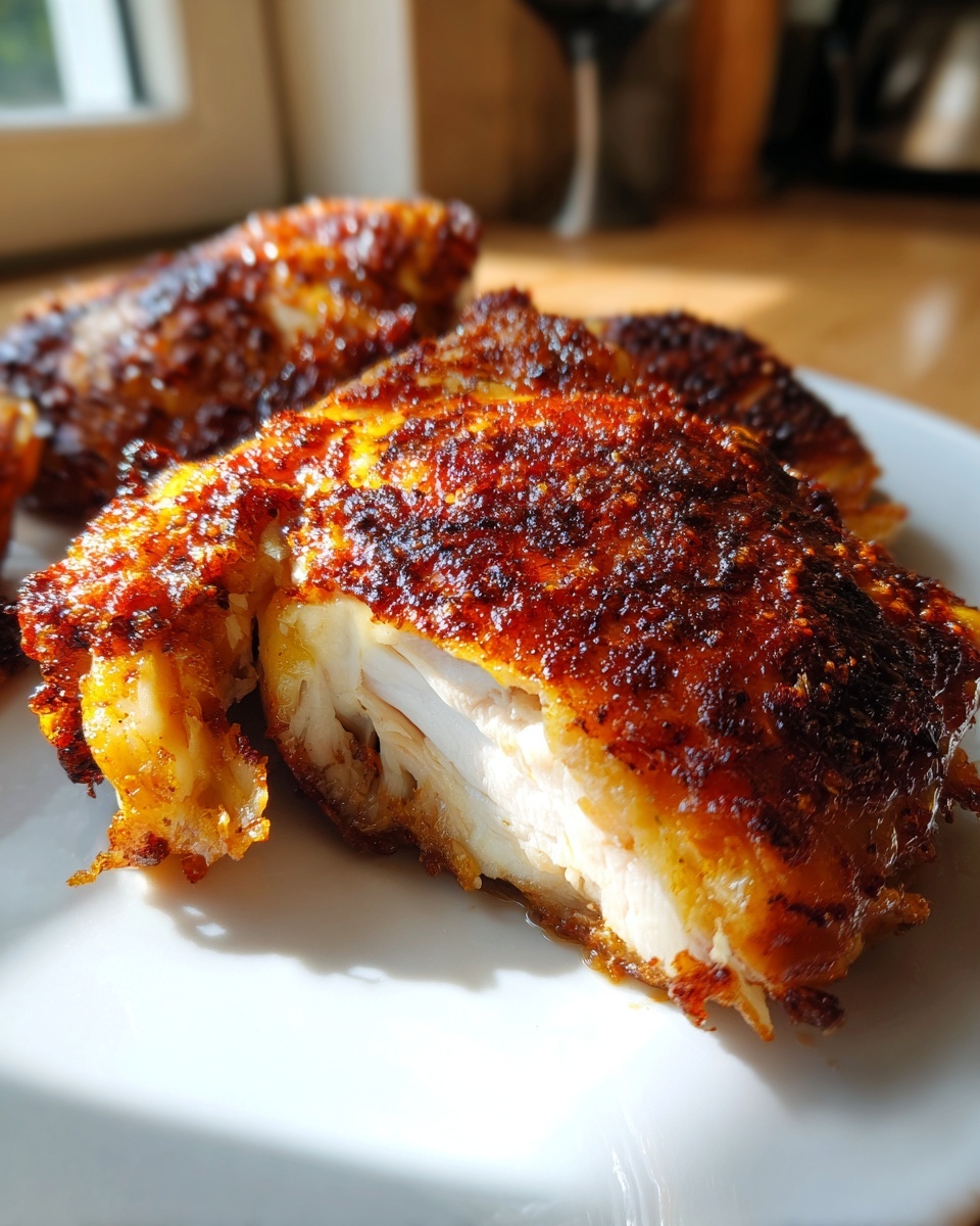 Close-up of a perfectly cooked honey garlic chicken thigh cut open to show juicy white meat.