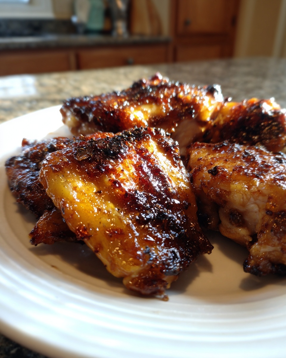 Close-up of several caramelized honey garlic chicken thighs piled on a white plate.