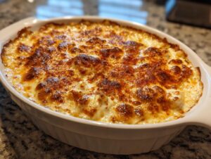 A freshly baked, hot crab dip in a white oval casserole dish with a deeply browned, cheesy top.