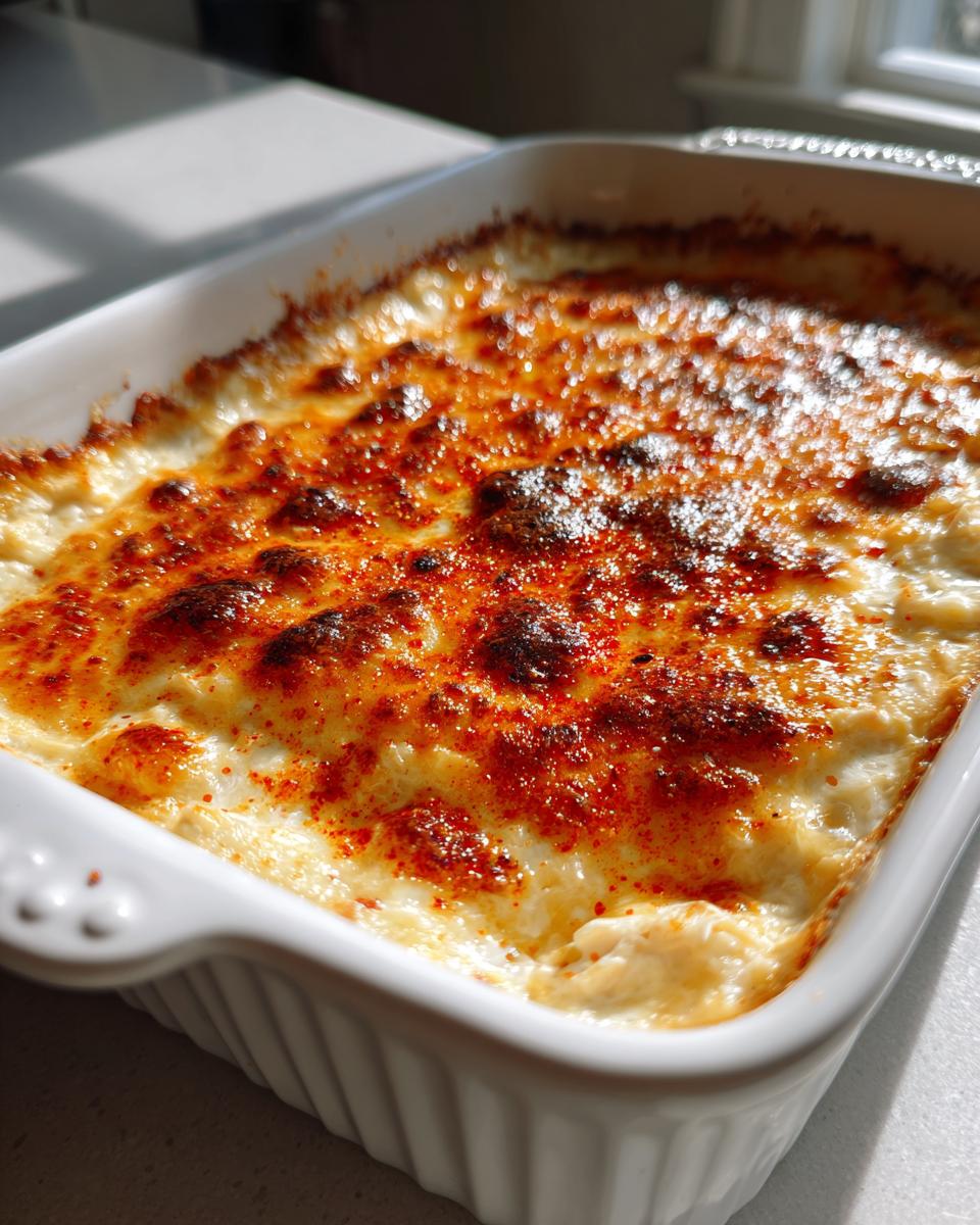 Close-up of a hot, baked crab dip in a white casserole dish with a bubbly, browned, and paprika-dusted top.