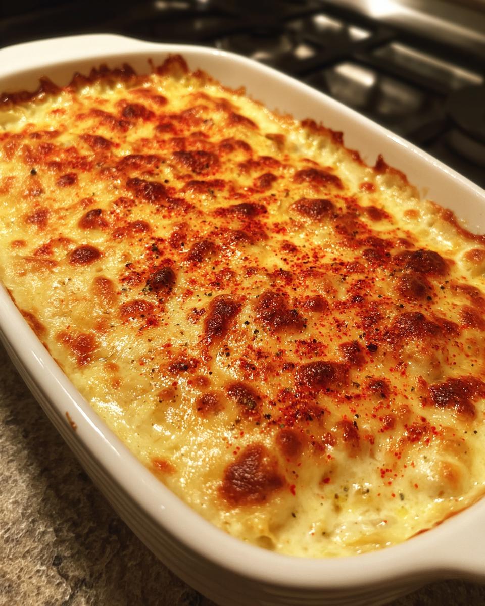 Close-up of a hot, baked crab dip in a white casserole dish with a bubbly, golden-brown cheese crust sprinkled with paprika.