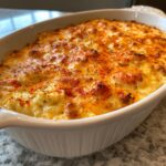 Close-up of a baked, bubbly, and golden-brown crab dip topped with paprika in a white oval serving dish.