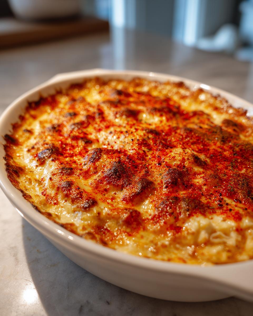 Close-up of a hot, baked crab dip in a white oval dish, featuring a bubbly, browned cheese top dusted with red paprika.