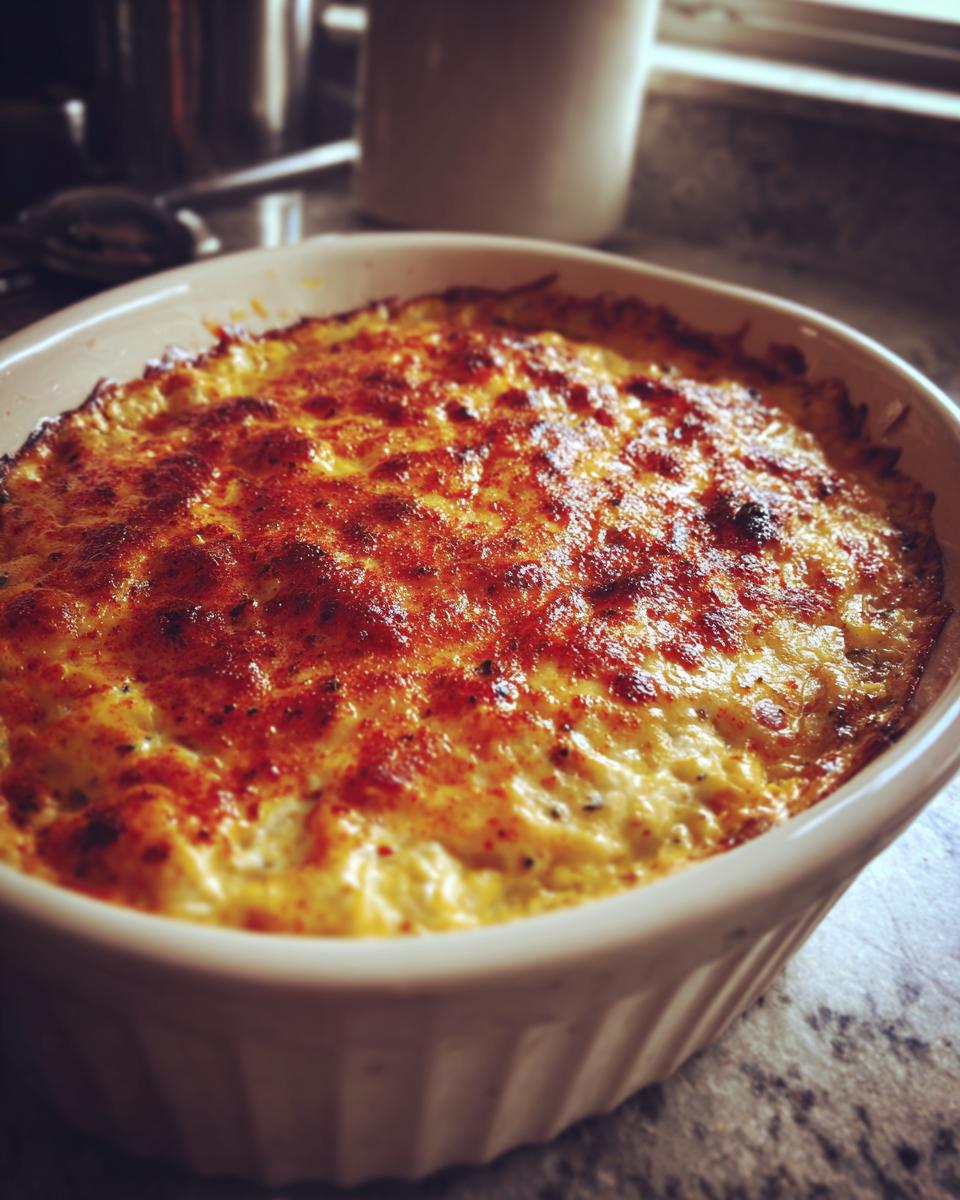 Close-up of a hot, baked crab dip with a golden, bubbly, paprika-dusted top in a white ceramic dish.
