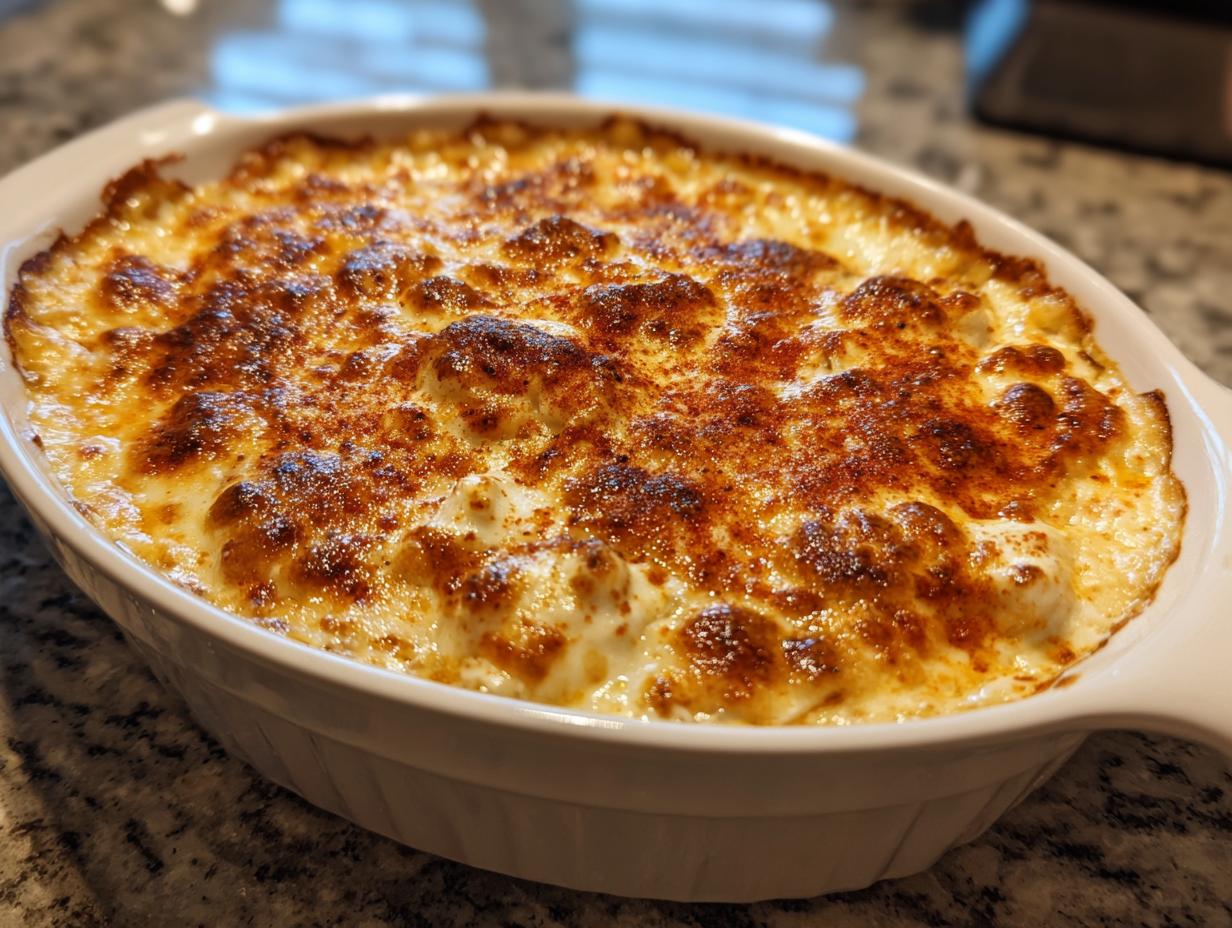 A freshly baked, hot crab dip in a white oval casserole dish with a deeply browned, cheesy top.