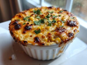Close-up of a hot, baked elote dip in a white ramekin, topped with browned cheese and fresh cilantro.